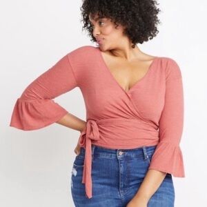 3 for $15 Marine Layer Ava Striped 3/4 Bell Sleeve Wrap Top Cotton Blend V Neck